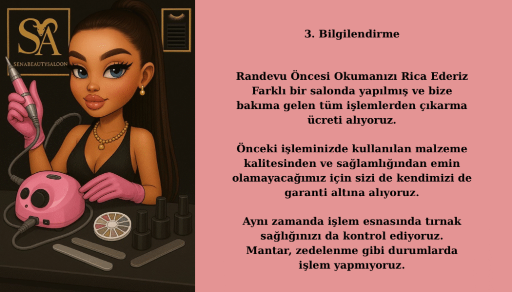 1. bilgilendirme randevu Öncesi okumanızı rica ederiz her zaman önceliğimiz memnuniyetinizdir. bizden kaynaklı gelişen bir sorun varsa (5 gün içinde gelişen) telafi edilecektir. 3
