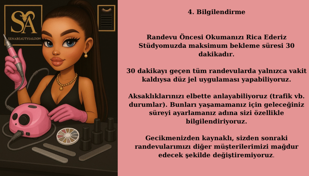 1. bilgilendirme randevu Öncesi okumanızı rica ederiz her zaman önceliğimiz memnuniyetinizdir. bizden kaynaklı gelişen bir sorun varsa (5 gün içinde gelişen) telafi edilecektir. 4